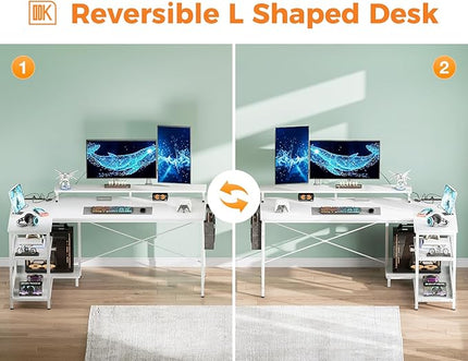 ODK 58 Inch Gaming Desk with USB Charging Ports and LED Lights, Reversible L Shaped Computer Desk with Storage Shelves & Monitor Stand, Corner Home Office Desk Table with Power Outlets, White - LeafyLoom