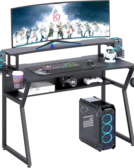 Gaming Desk, Computer Desk with Large Monitor Stand and Open Shelf,Gamer Table Workstation with Cup Holder, Headphone Hook, 2 Speaker Stand for Home Office (Black Carbon Fiber) - LeafyLoom
