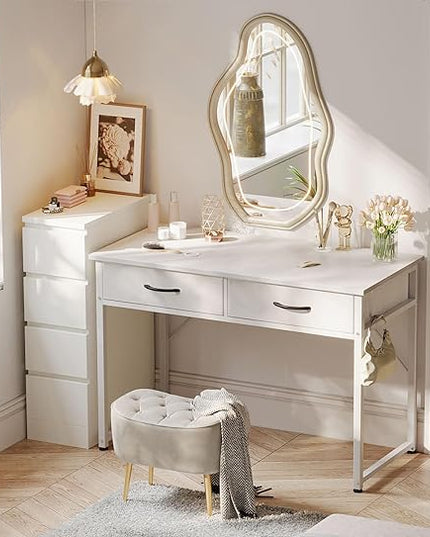 ODK 40 Inch Small Desk with Fabric Drawers- for Bedroom, White Vanity Desk with Storage, Home Office Computer Desk for Small Spaces, Modern Work Writing Study Table, White - LeafyLoom
