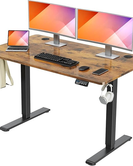 MOUNTUP Height Adjustable Electric Standing Desk Whole-Piece, 48 x 24 Inches Quick Assembly Sit Stand Desk, Stand Up Desk with Memory Controller, Ergonomic Desk, Rustic Brown - LeafyLoom