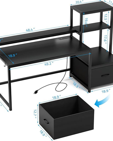 GreenForest Computer Desk with Drawer and Printer Shelf, 68.8 inch Gaming Desk with LED Lights and Power Outlets, Home Office Desk with Storage for Study Writing Working,Black - LeafyLoom