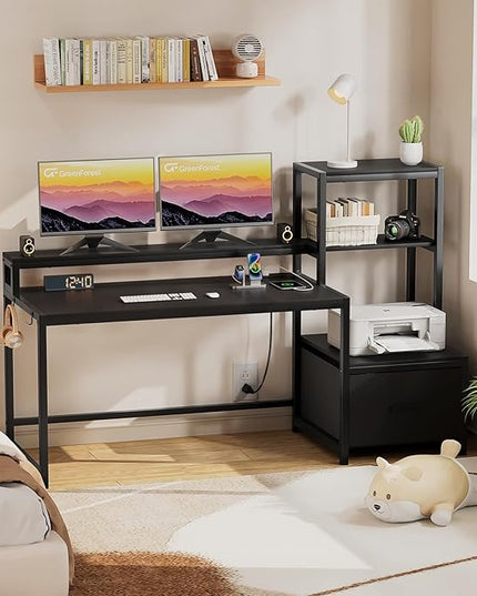 GreenForest Computer Desk with Drawer and Printer Shelf, 68.8 inch Gaming Desk with LED Lights and Power Outlets, Home Office Desk with Storage for Study Writing Working,Black - LeafyLoom