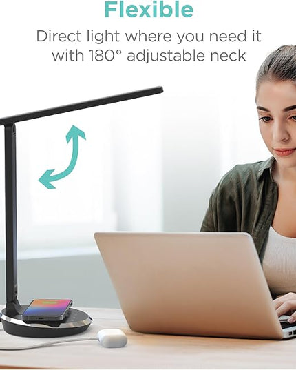 iHome Desk Lamp with Charging Station, Reading Light with Wireless Charging and USB Charging – Black (ILW200B) - LeafyLoom