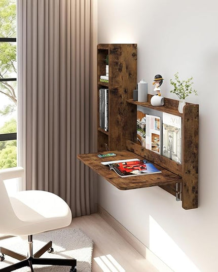 Pmnianhua Farmhouse Floating Desk,41''Wall Mounted Desk,L Shaped Folding Table,Fold Down Laptop Computer Desk with Storage for Wall Bedroom Small Space (Rustic Brown-Left) - LeafyLoom