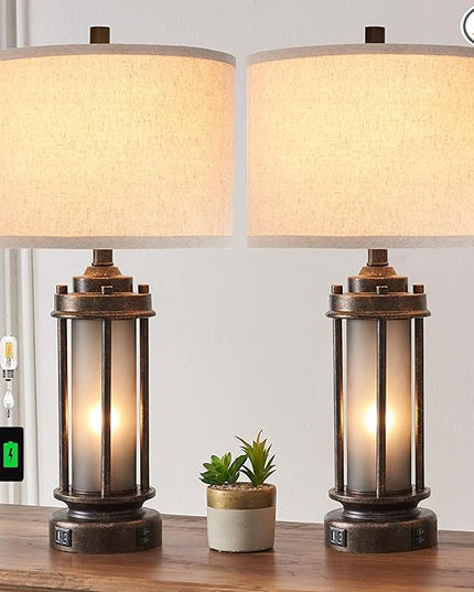 Set of 2 Farmhouse Lamps for Living Room, Rustic Vintage Bedroom Nightstand Table Lamp with 2 USB Charging Ports, Built-In Frosted Glass Night Light for End Table Entryway, 4 Bulbs Included (Bronze) - LeafyLoom