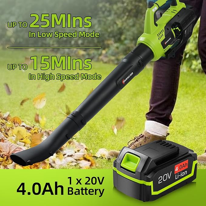 Leaf Blower Cordless, 580CFM/160MPH Electric Leaf Blower with 4.0Ah Battery Powered, Blower with Extension Nozzle, Lightweight Leaf Blowers for Lawn Care, Yard, Garage, Patio & Sidewalk Blowing - LeafyLoom