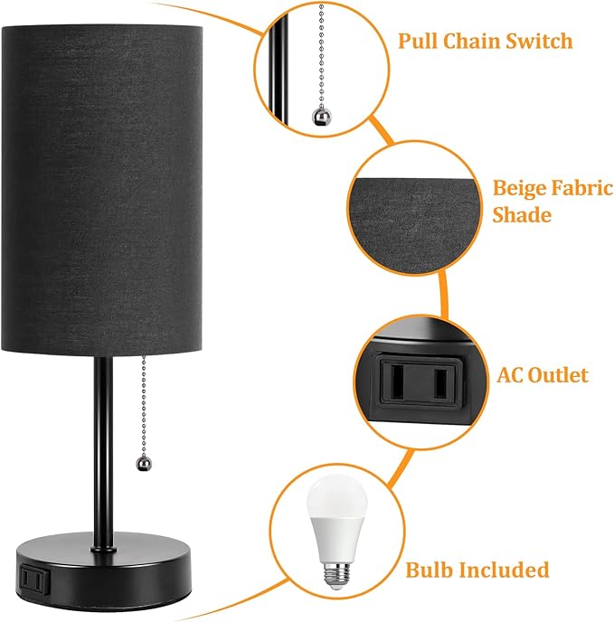 Dott Arts Table Lamp for Bedroom, 3-Color Bedside Lamps with Pull Chain, Bedroom Table Lamps for Nightstand,Small Lamp for Living Room, Bulb Included Black - LeafyLoom