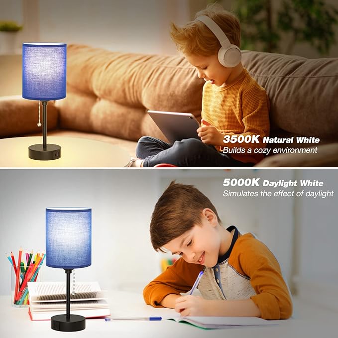 Blue Table Lamps 3 Color Temperatures - 2700K 3500K 5000K Bedside Lamps with USB C and A Ports, Pull Chain Lamps for Bedrooms with AC Outlet, Nightstand Lamps with Black Metal Base for Kids Boys - LeafyLoom
