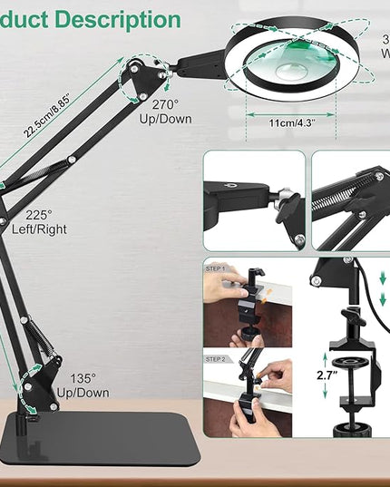 5X & 10X Magnifying Glass with Light and Stand, NAKOOS 2-in-1 Magnifying Lamp with Clamp, 3 Color Modes Touch Control Stepless Dimmable Magnifiers with Stand for Soldering DIY and Close Work - LeafyLoom