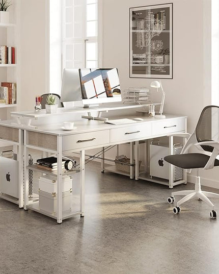 ODK Computer Desk with Drawers and Storage Shelves, 63 inch Home Office Desk with Monitor Stand, Modern Work Study Writing Table Desk for Small Spaces, White + White leg - LeafyLoom