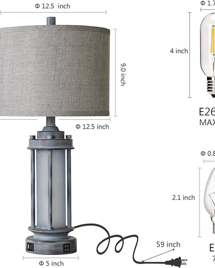 Set of 2 Rustic Table Lamps for Living Room, Farmhouse Vintage Nightstand Lamp with 2 USB Ports, Antique Retro Light Green Glass Night Light for Bedroom Entryway, 4 Bulbs Included… - LeafyLoom