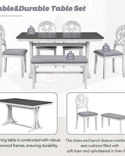 6-Piece Mid-Century Dining Set for 6, Trestle Table and 4 Elegant Victorian Round Back Chairs & Bench, for Kitchen Living Room, Gray+Antique White, 59.8" L x 35.8" W x 30" H - LeafyLoom