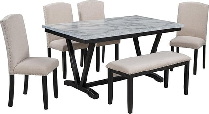 Modern Style 6-Piece Dining 4 Chairs & 1 Bench, Solid Wood Frame w/Marbled Veneers Tabletop and V-shaped Table-Legs, for Diningroom, Living Room, and Kitchen, Brown+Black - LeafyLoom