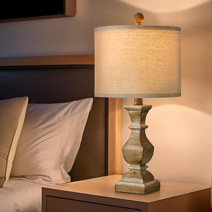 PoKat 20.5" Mid Century Table Lamp Sets of 2 for Living Room Retro Style Farmhouse Table Lamp for Bedroom Classic Beige Resin Bedside Night Light Lamps - LeafyLoom