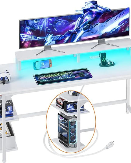 Furologee White Gaming Desk with Charging Station and LED Lights, 55" Office Computer Desk with Reversible Shelves and Fabric Drawer, Study Table with Monitor Stand and 2 Hooks for Home Office - LeafyLoom