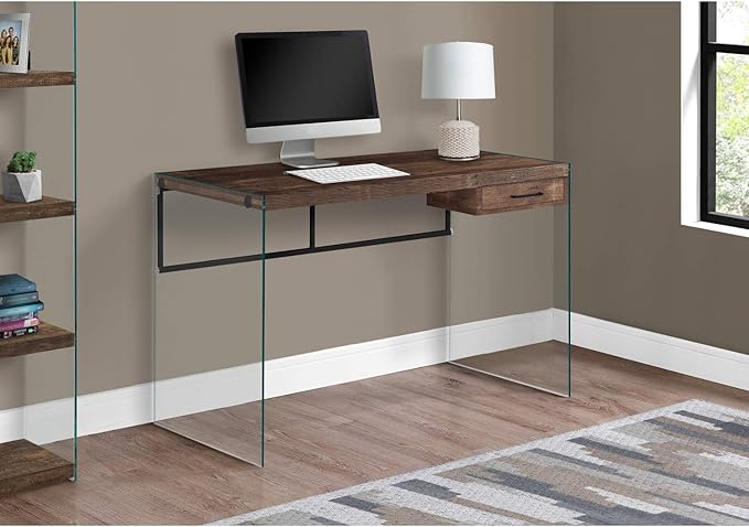 Monarch Specialties Computer Desk - Contemporary Writing Desk with Drawer - Tempered Glass Legs - 48"L (Brown Reclaimed Wood Look) - LeafyLoom