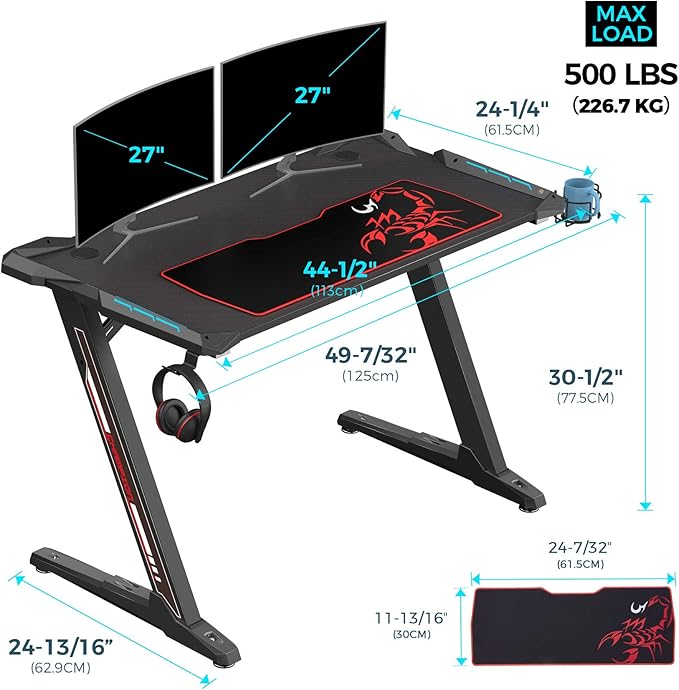 EUREKA ERGONOMIC Z1-S Pro Gaming Desk 44.5" Z Shaped Home Office PC Computer Desks Gamer Tables with LED Lights Controller Stand Cup Holder Headphone Hook Free Mousepad for Men Boyfriend Female Gift - LeafyLoom