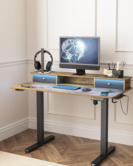 Electric Adjustable Standing Desk, Sit Stand Desk with Power Outlets & LED Lights 48”Adjustable Height Standing Desk with Drawers Adjustable Table Desk Riser for Home Office - LeafyLoom