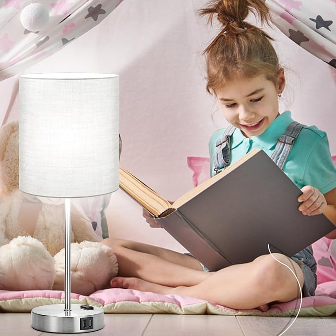 ๐ฎ๐ฌ๐ฎ๐ฏ ๐ก๐๐ช Set of 2 Touch Grey Table Lamps with 2 USB Ports & AC Outlet, 3-Way Dimmable Bedside Nightstand Lamps for Bedroom Living Room Nursery, 800 Lumens 5000K Daylight Bulbs Included - LeafyLoom