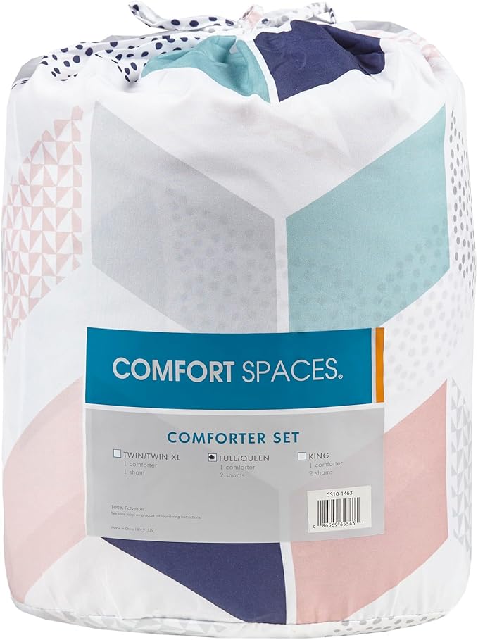 Comfort Spaces Kylar Cozy Comforter Set, Vibrant Chevron Ruching Design with Solid Reverse, All Season Down Alternative Bedding with Matching Sham, Twin/Twin XL (66 in x 90 in), Multi/Blush 2 Piece - LeafyLoom