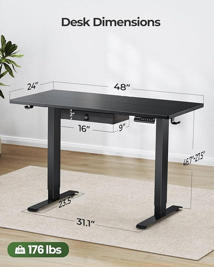 Marsail Electric Adjustable Standing Desk, 48x24 Inch, Sit-Stand Home Office Desk with Drawer, Black - LeafyLoom