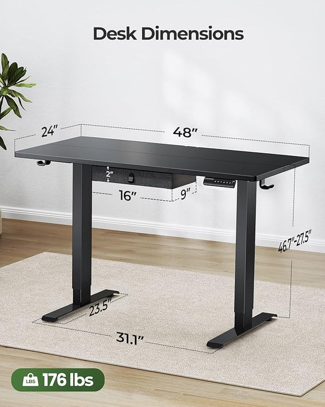 Marsail Electric Adjustable Standing Desk, 48x24 Inch, Sit-Stand Home Office Desk with Drawer, Black - LeafyLoom