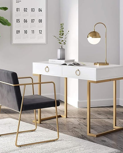 Nathan James Leighton Two-Drawer Writing Glam Accents Brass, Home Office Computer Desk or Vanity Table, 2, White/Gold, Small - LeafyLoom
