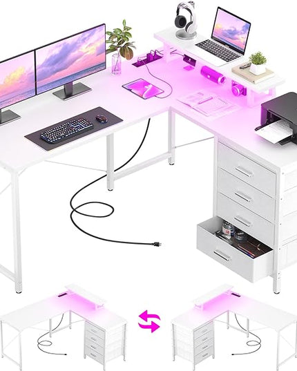 Homieasy L Shaped Desk with Drawers & Power Outlets, Reversible Computer Desk with LED Light and Monitor Stand, 50 Inch Home Office Gaming Work Study Desk with 4 Storage Drawers, White - LeafyLoom