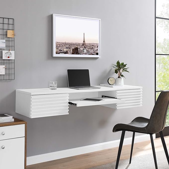 Modway Render Mid-Century Modern, Wall Mount Office Desk, White - LeafyLoom
