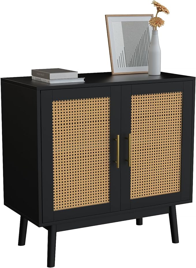Set of 2 Accent Storage Cabinet with Rattan Decor Doors, Buffet Cabinet with Storage, Sideboard Cabinet for Hallway, Entry, Living Room, Black - LeafyLoom