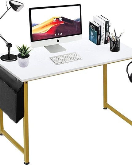 Lufeiya Computer Desk Small White Gold Writing Table for Home Office Compact Spaces 39 Inch Modern Student Study Desk,White Gold - LeafyLoom