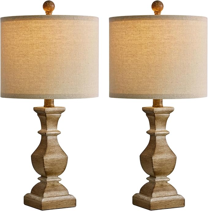 PoKat 20.5" Mid Century Table Lamp Sets of 2 for Living Room Retro Style Farmhouse Table Lamp for Bedroom Classic Beige Resin Bedside Night Light Lamps - LeafyLoom