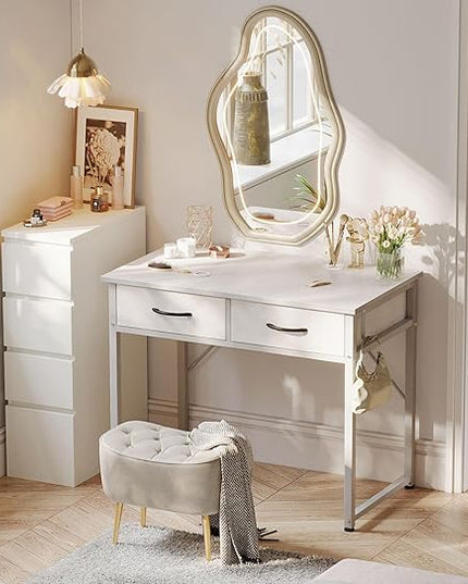 ODK Small Desk with Fabric Drawers- for Bedroom, White Vanity Desk with Storage, Home Office Computer Desk for Small Spaces, 32 Inch Modern Work Writing Study Table, White - LeafyLoom