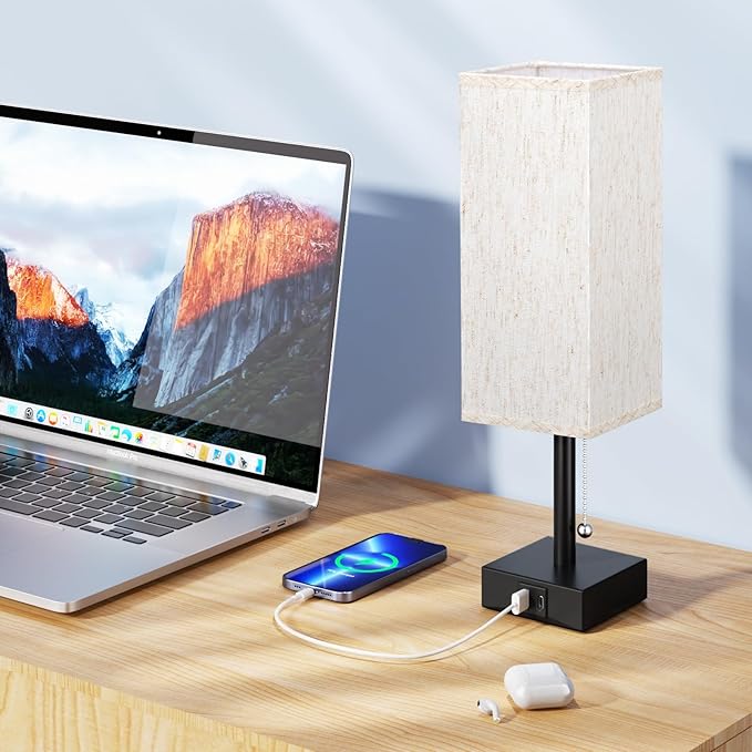 Pull Chain Small Table Lamp for Bedroom with USB Ports, 3 Color Temperature Bedside Lamp for Kid's Room Office - LeafyLoom