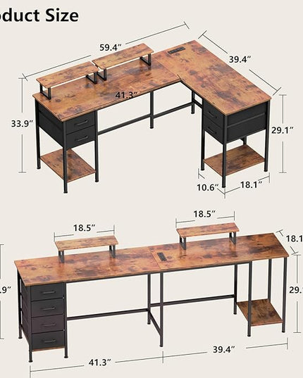 L Shaped Computer Desk with Power Outlets, 59 inch Reversible Home Office Desk with Storage Shelves & 2 Monitor Stands, Gaming Desk with 4 Fabric Drawers for Bedroom, Rustic Brown - LeafyLoom