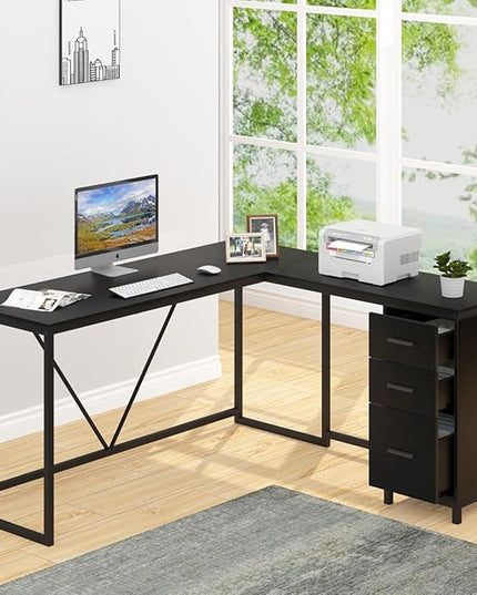 HSH Large Black L Shaped Desk, Corner Wood Computer Desk with Drawer, Modern Work Home Office Desk with Storage Cabinet, Industrial Executive PC Study Writing Desk for Living Bedroom, Black, 59 Inch - LeafyLoom