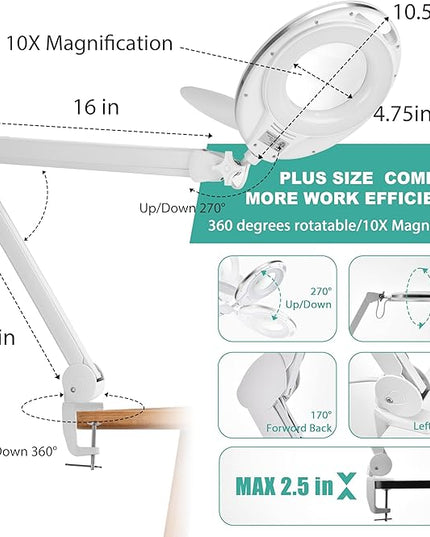 Large 10X Magnifying Glass with Light, 4.75 in Real Glass Stand Lighted Magnifier with Clamp, 2 in 1 Desk Lamp with 36 Color and Brightness Modes, Hands Free for Close Work, Crafts, Hobbies - LeafyLoom