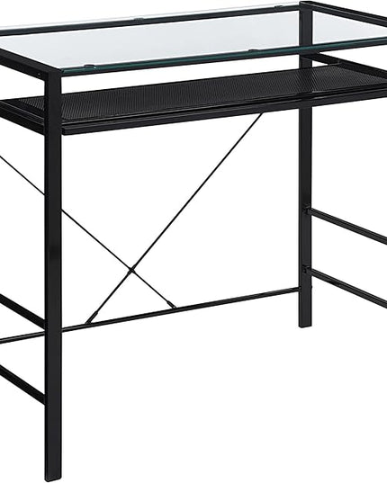 OSP Home Furnishings Zephyr Computer Desk with Keyboard Shelf and Tempered Glass Top, Clear Glass and Black Frame, 36" W x 20" D x 30.25" H - LeafyLoom