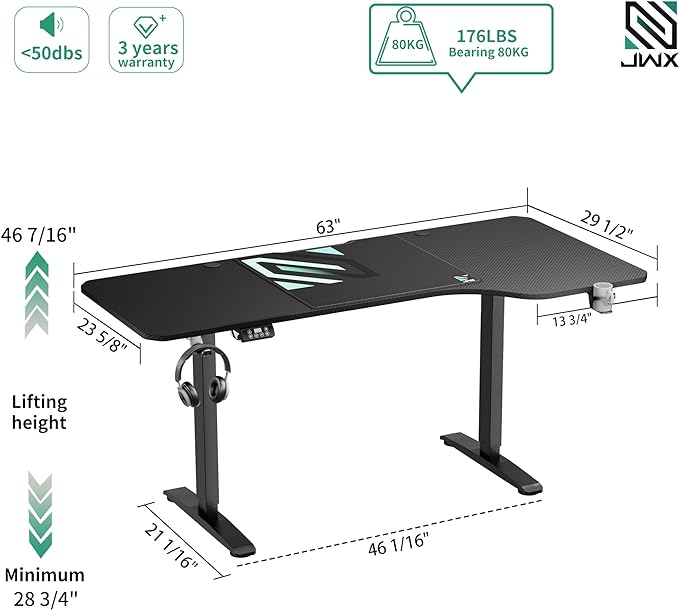 Standing Adjustable Desk, 63 inches L Shaped Electric Standing Gaming Desk with Locking Wheels, Cup Holder, Headphone Hook, Cable Manager, Mouse pad, Carbon Fiber Textured Pane - LeafyLoom