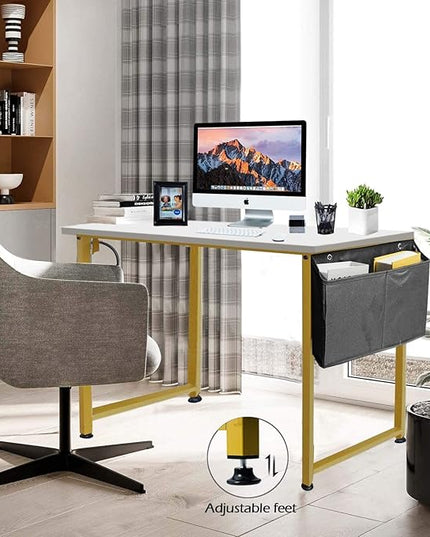 Lufeiya Computer Desk Small White Gold Writing Table for Home Office Compact Spaces 39 Inch Modern Student Study Desk,White Gold - LeafyLoom