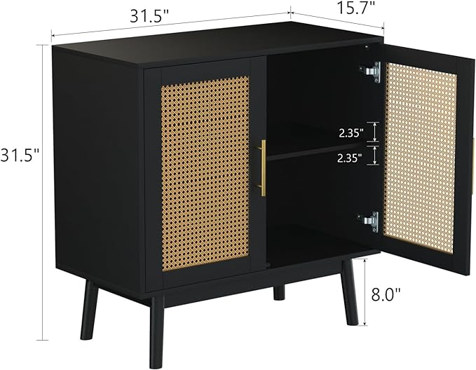 Set of 2 Accent Storage Cabinet with Rattan Decor Doors, Buffet Cabinet with Storage, Sideboard Cabinet for Hallway, Entry, Living Room, Black - LeafyLoom