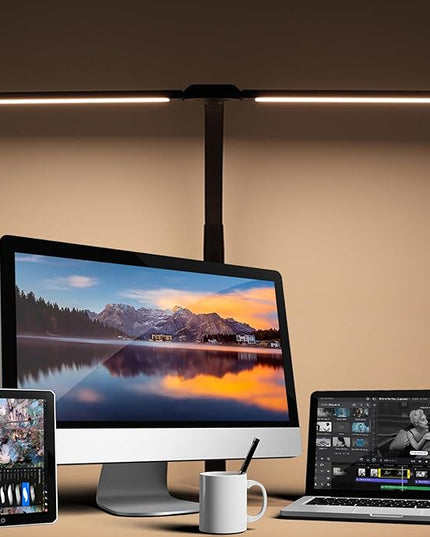 LED Desk Lamp for Home Office, Gooseneck Desk Light Architect Clip on office Lamp with 10 Dimmable 7 Modes, 24W Sensor Auto Dimming Table Lights for Desk, Adapter Included - LeafyLoom