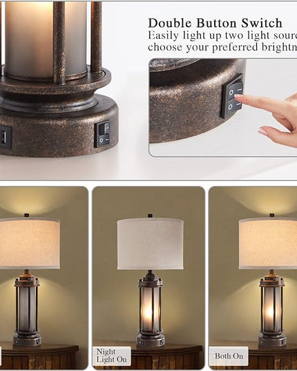 Set of 2 Farmhouse Lamps for Living Room, Rustic Vintage Bedroom Nightstand Table Lamp with 2 USB Charging Ports, Built-In Frosted Glass Night Light for End Table Entryway, 4 Bulbs Included (Bronze) - LeafyLoom
