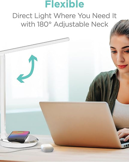 iHome Desk Lamp with Charging Station, Reading Light with Wireless Charging and USB Charging – White (ILW200W) - LeafyLoom