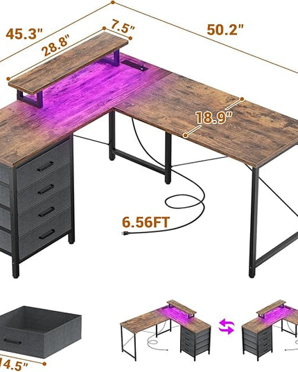 Homieasy L Shaped Desk with Drawers & Power Outlets, Reversible Computer Desk with LED Light and Monitor Stand, 50 Inch Home Office Gaming Work Study Desk with 4 Storage Drawers, Rustic Brown - LeafyLoom