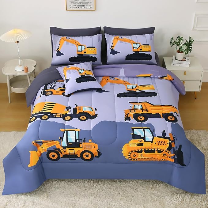 JQinHome Construction Full Bedding Sets for Boys Kids,8 Piece Bed in A Bag 3D Cartoon Car Excavator Tractor Comforter Set with Sheet Set,Trucks Cars - LeafyLoom