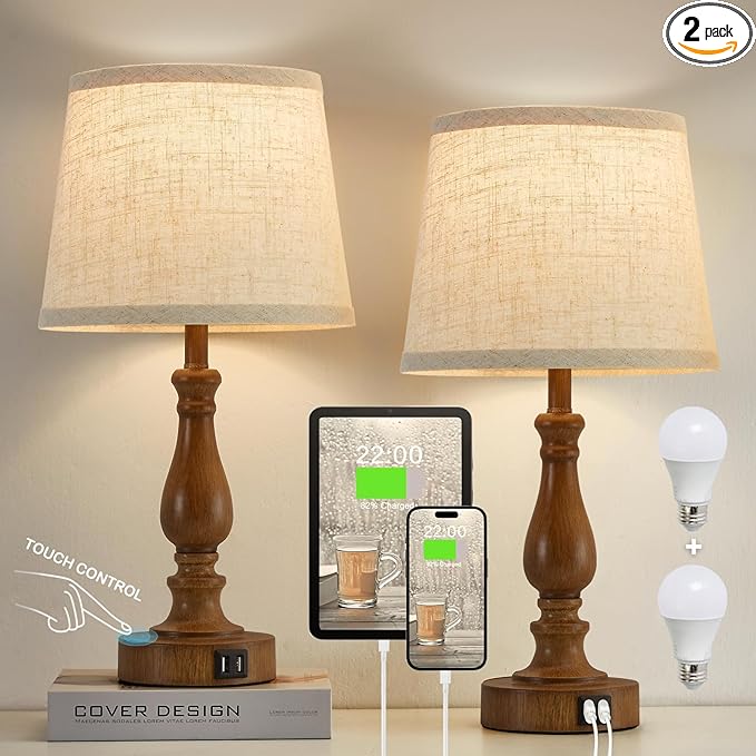 Classical Table Lamps for Bedrooms Set of 2 - Touch Bedside Lamps with Dual USB Ports, 3 Way Dimmable Nightstand Lamps for End Tables, Farmhouse Night Stand Lamps for Living Room Guest Room - LeafyLoom