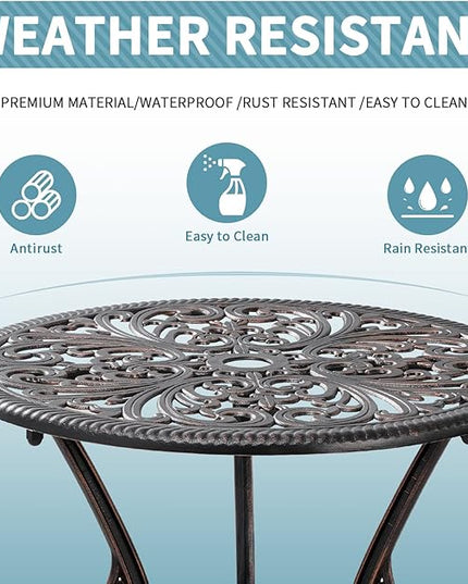 Bistro Set 3 Piece Outdoor Bistro Table and Chair Set of 2 Cast Aluminum Patio Furniture with Umbrella Hole,Patio Bistro Table Sets for Garden,Yard(Brown) - LeafyLoom