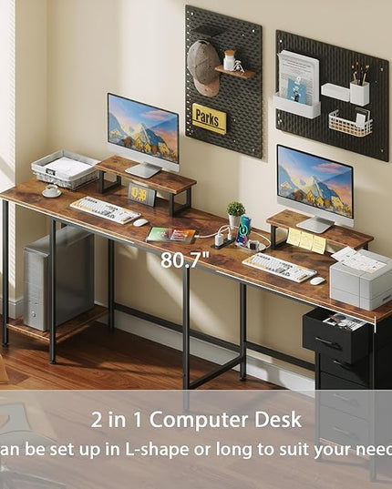 L Shaped Computer Desk with Power Outlets, 59 inch Reversible Home Office Desk with Storage Shelves & 2 Monitor Stands, Gaming Desk with 4 Fabric Drawers for Bedroom, Rustic Brown - LeafyLoom