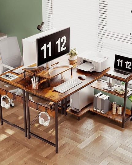 ODK L Shaped Computer Desk with Storage Shelves, 47 inch L-Shaped Corner Desk with Monitor Stand for Small Space, Modern Simple Writing Study Table for Home Office, Rustic Brown - LeafyLoom